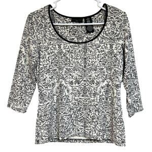 Apostrophe Top Blouse Black & Cream Floral Pattern Velvet Neckline size M Petite